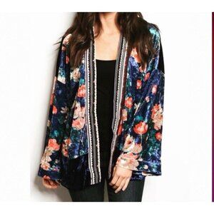 Loveriche Calliope Boho Festival Velour Floral Kimono Jacket Drop Shoulder Sz L